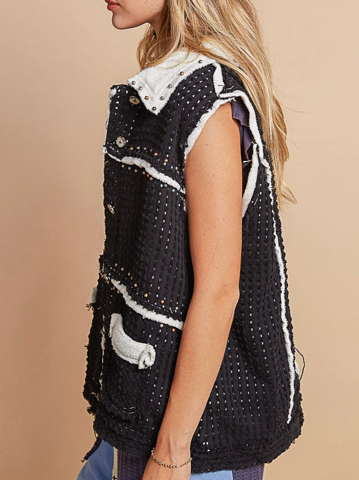 Black with white details frayed hemline vest