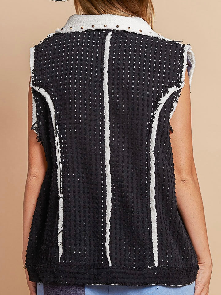 Black with white details frayed hemline vest