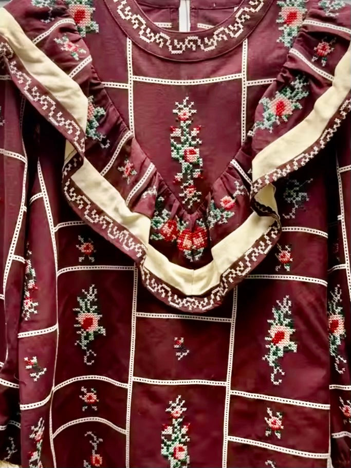 Burgundy floral printed high neck ruffled shirt