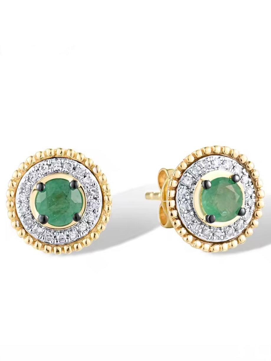 Round Gold 14k sparkling diamonds and green emeralds stud earrings