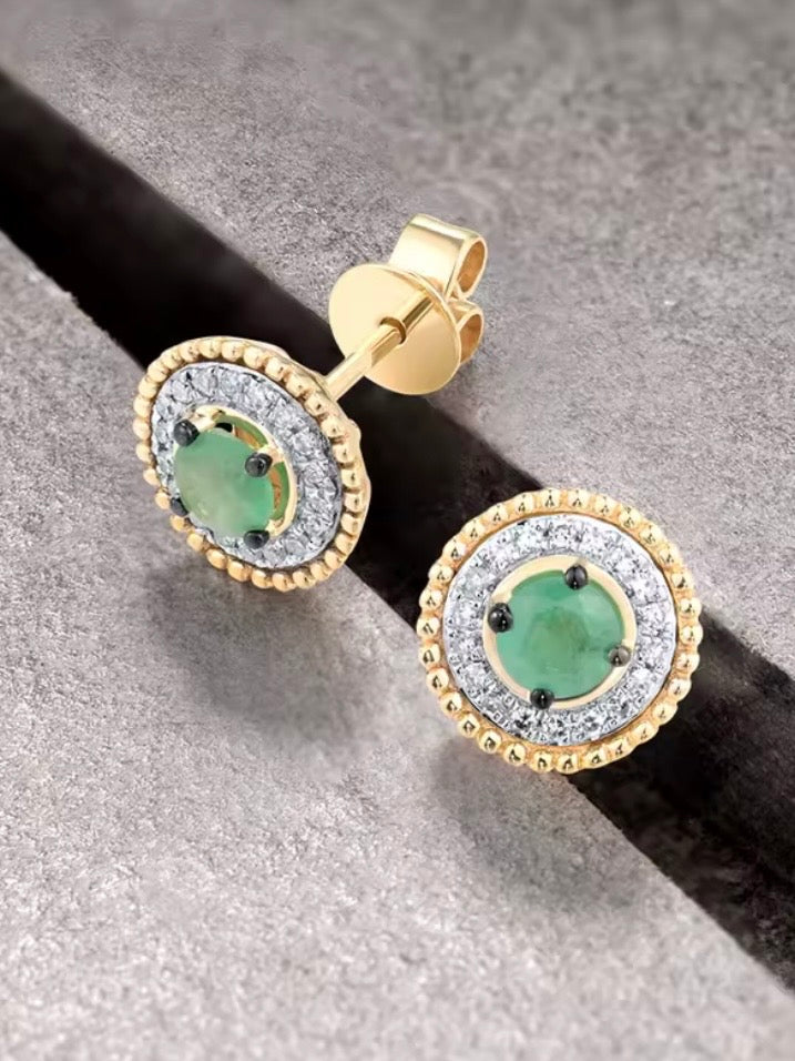 Round Gold 14k sparkling diamonds and green emeralds stud earrings