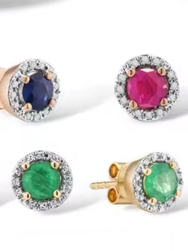 Round Gold 14k sparkling diamonds/garnet/emeralds/ruby stud earrings