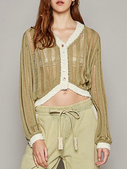 Green olive and beige net long sleeves top