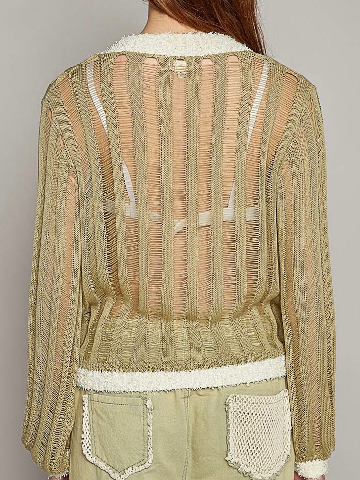 Green olive and beige net long sleeves top