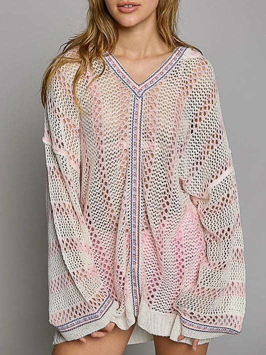 White multicolored net long sleeves top