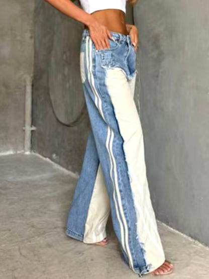 Denim mid blue mix fabrics pants