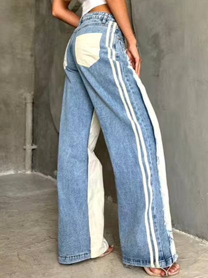 Denim mid blue mix fabrics pants