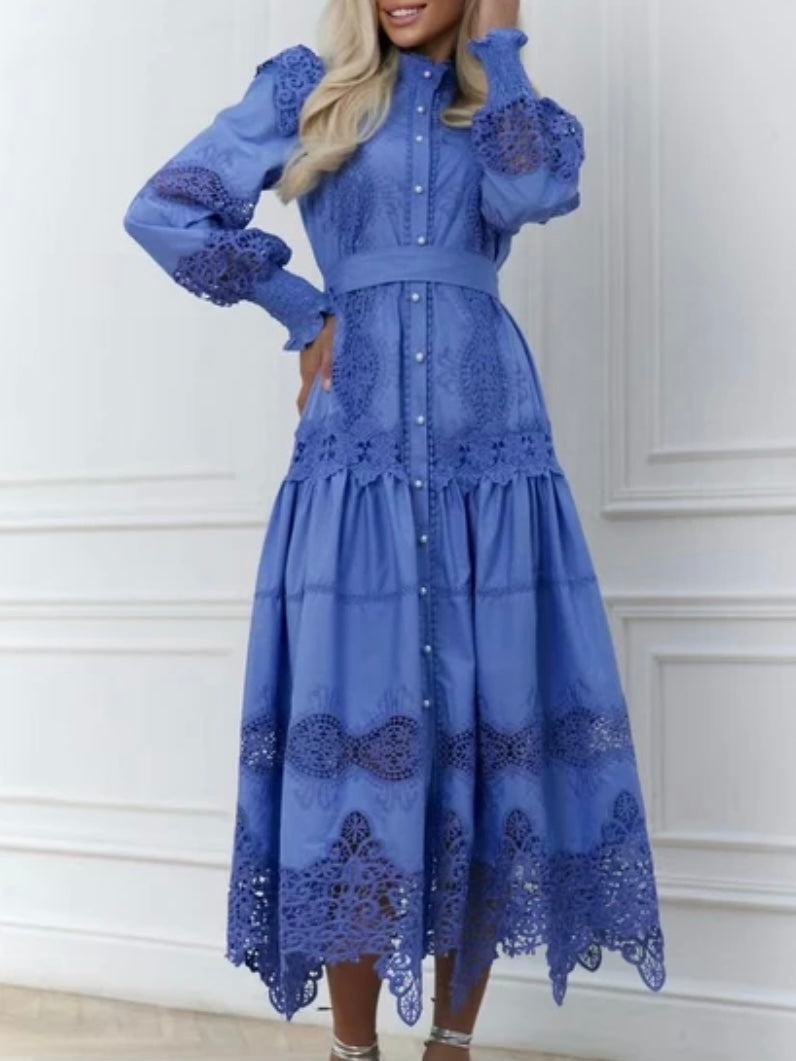 Blue embroidered buttons down front closure maxi dress