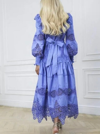 Blue embroidered buttons down front closure maxi dress