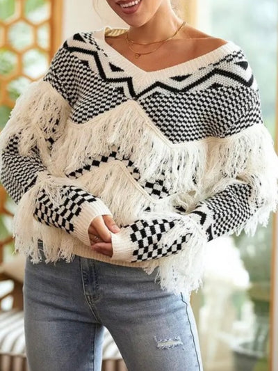 White and black embroidered fringes sweater