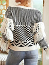 White and black embroidered fringes sweater