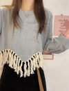 Gray and beige embroidered fringes edge sweater