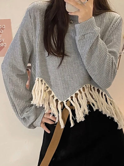 Gray and beige embroidered fringes edge sweater