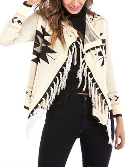 Off white and black tribal print open front embroidered fringes edge sweater