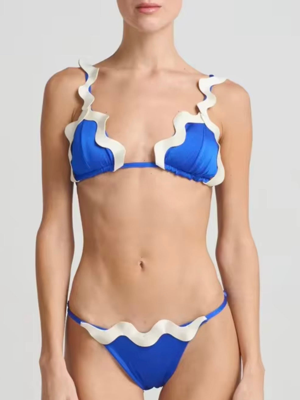 Solid colored ruffles lace trim bikini