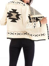 Off white and black tribal print open front embroidered fringes edge sweater