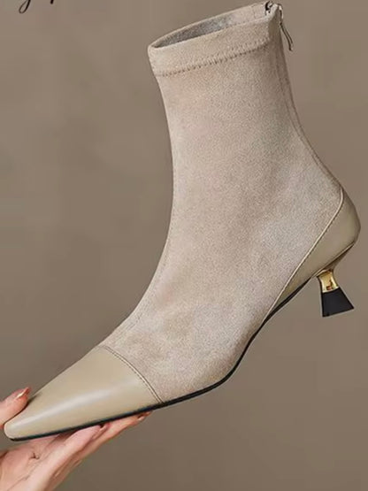 Beige leather back zippered mid heel boots