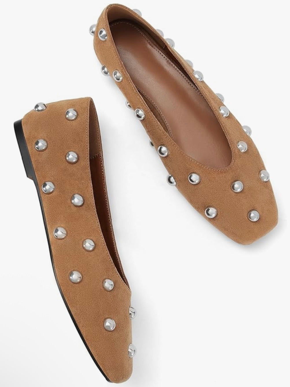 Brown studded ballet slip on flats loafers shoes