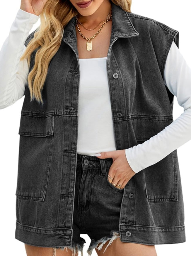 Black denim pockets vest