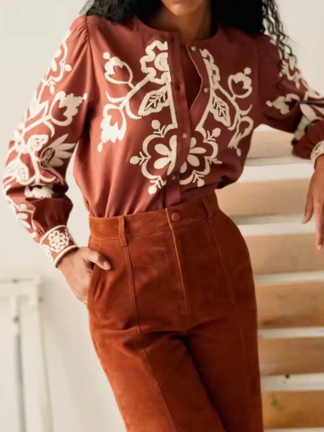 Terra brown and white embroidered floral shirt
