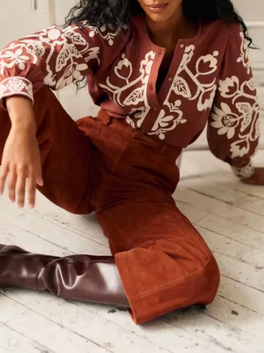 Terra brown and white embroidered floral shirt