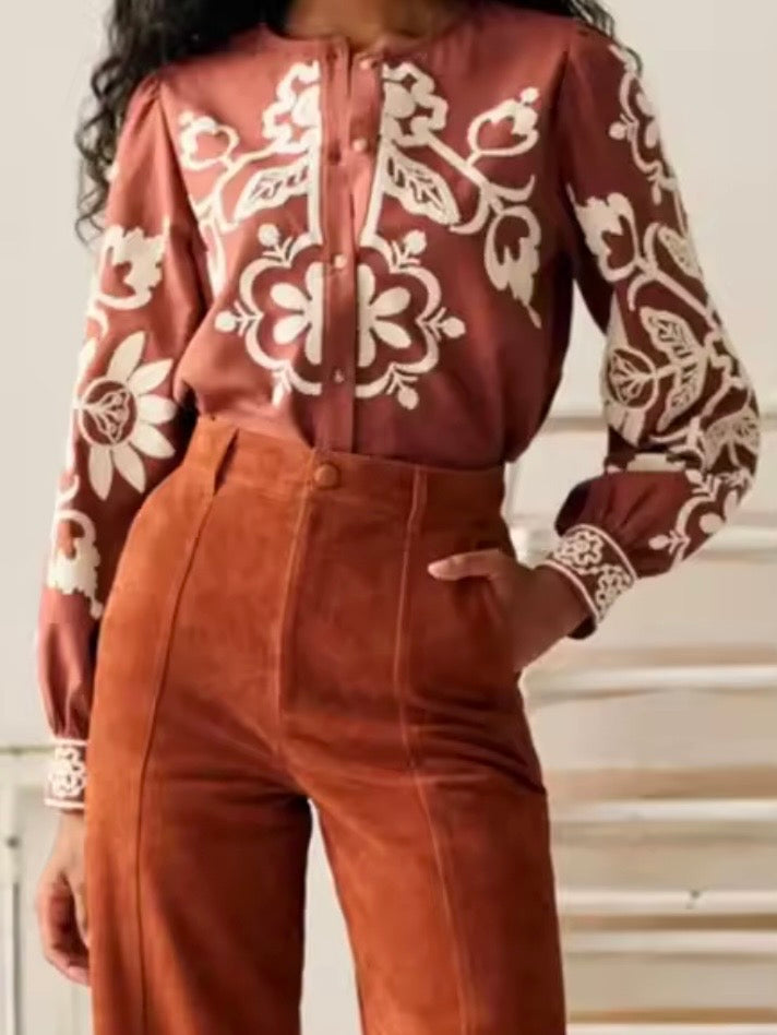 Terra brown and white embroidered floral shirt