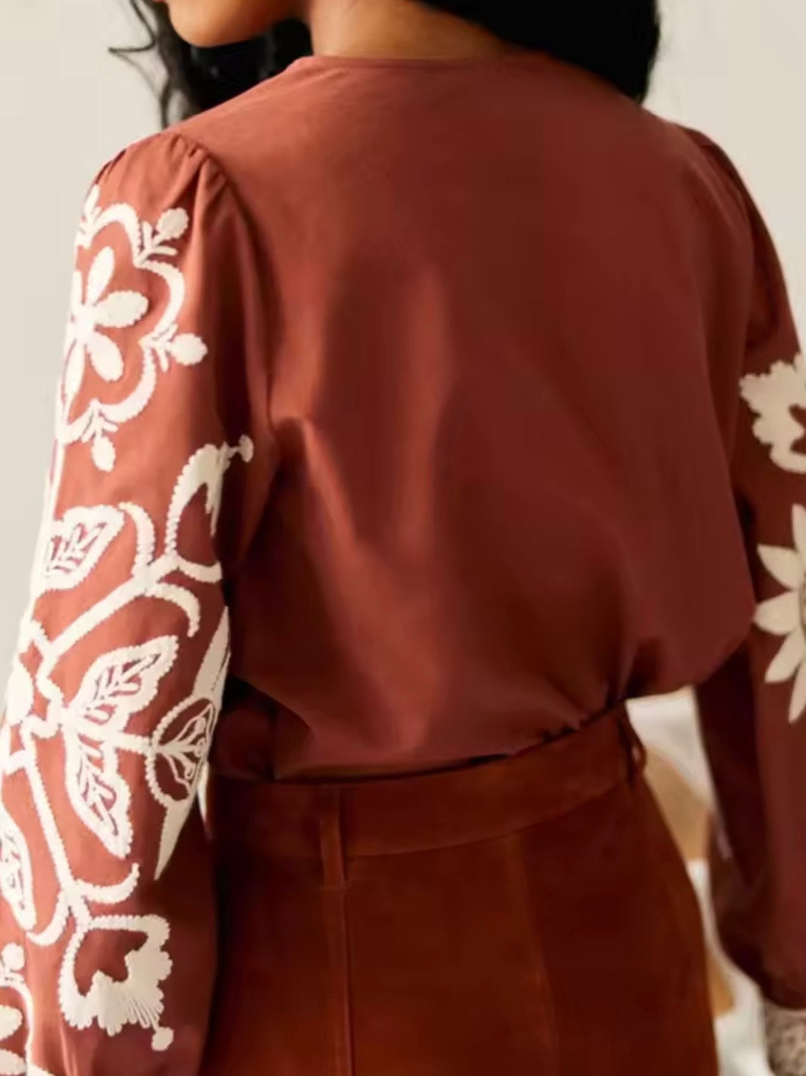 Terra brown and white embroidered floral shirt