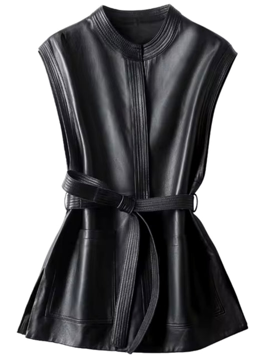 Black faux leather belted vest