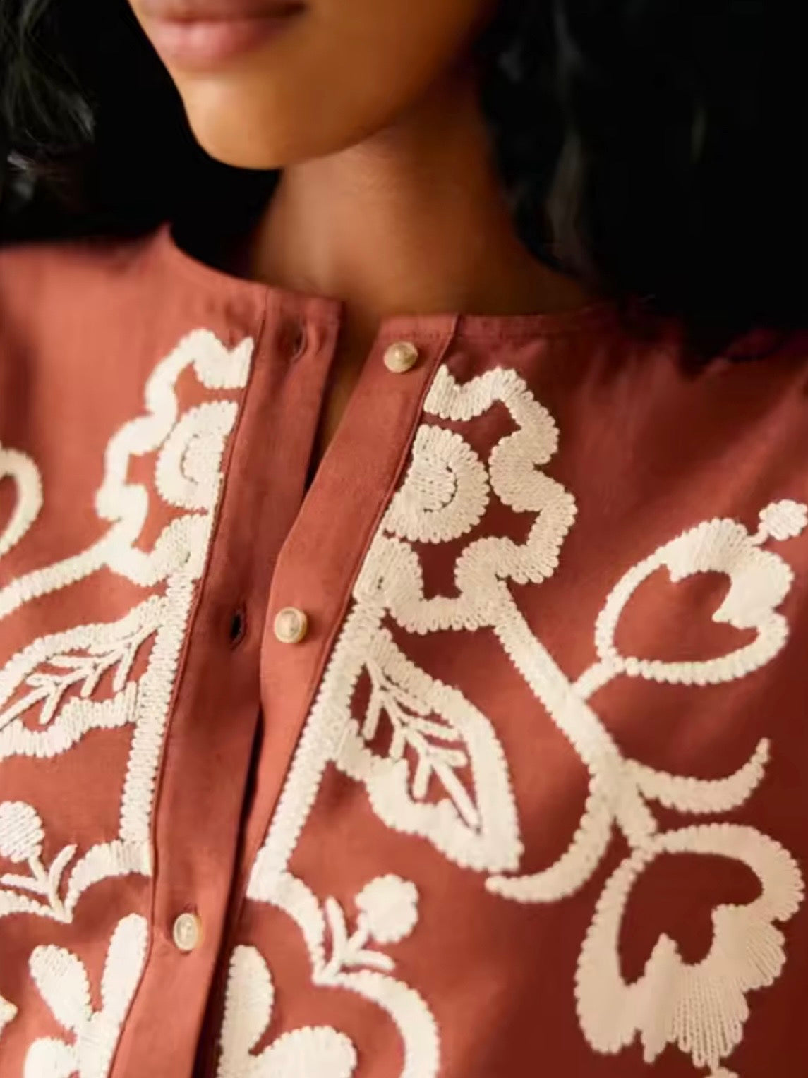 Terra brown and white embroidered floral shirt