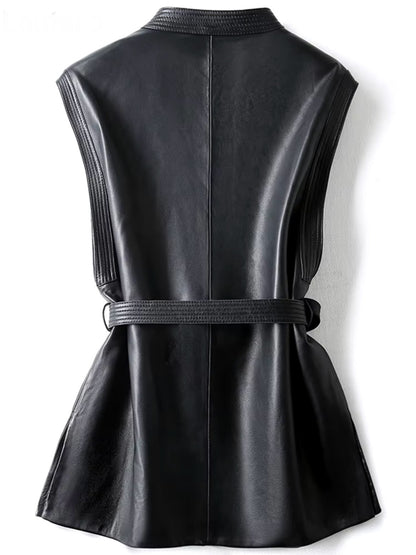 Black faux leather belted vest