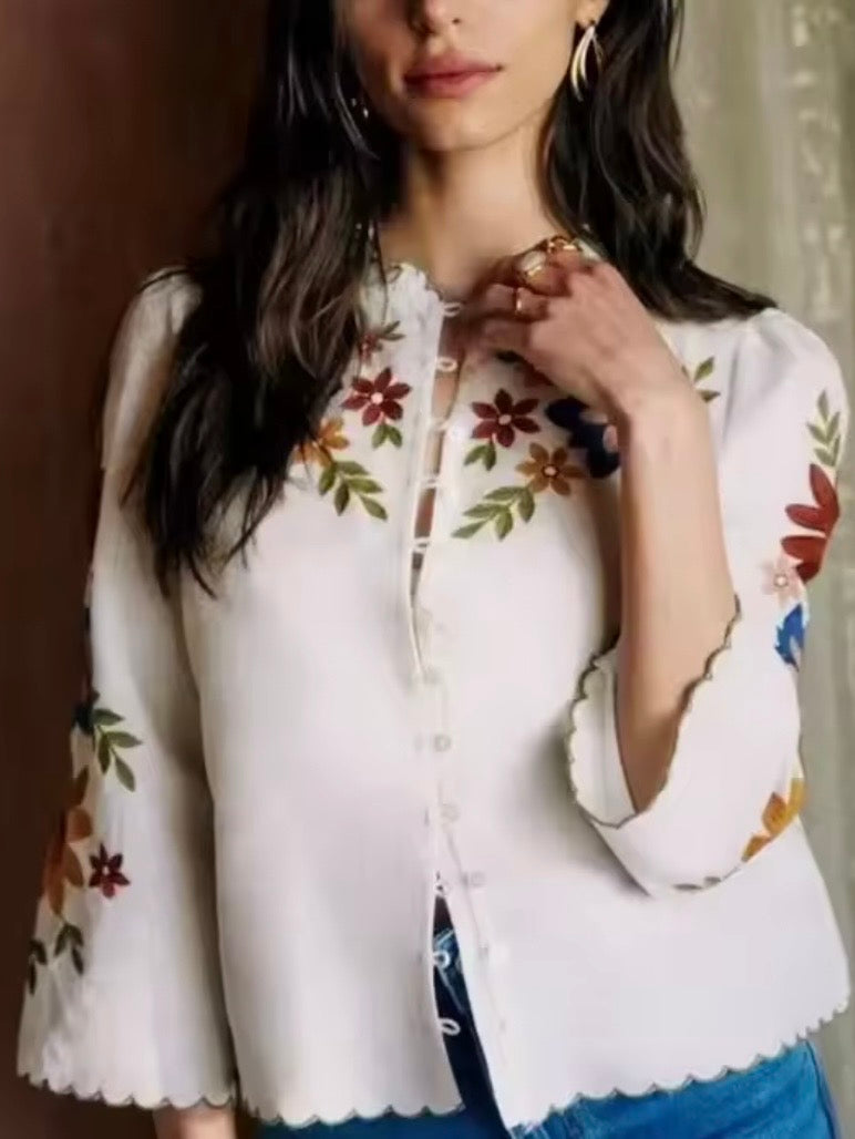 White embroidered floral shirt