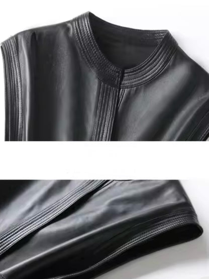 Black faux leather belted vest