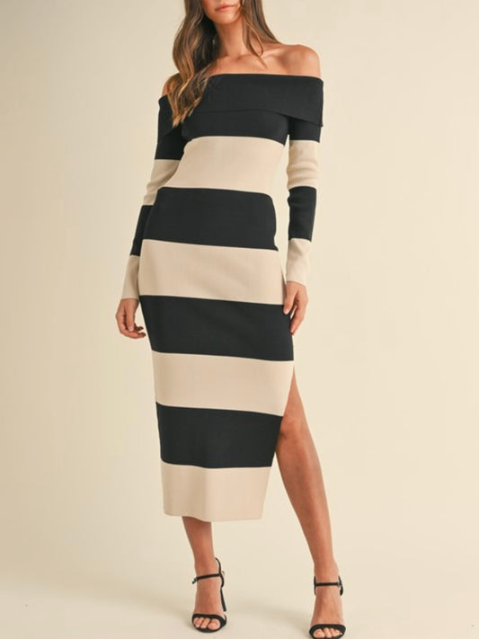 Beige and black striped tube knitted midi dress