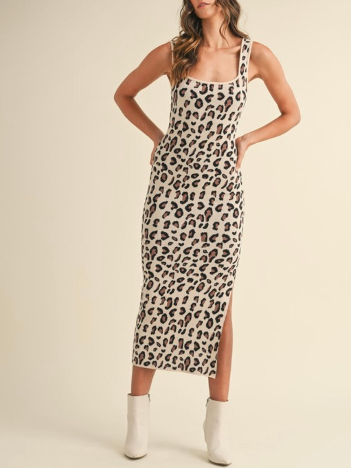 Beige animal print knitted tube midi dress