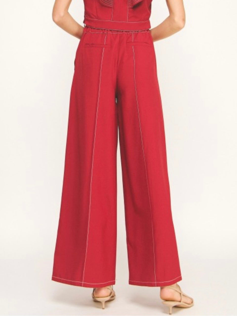 Red seams wide leg jeans pants