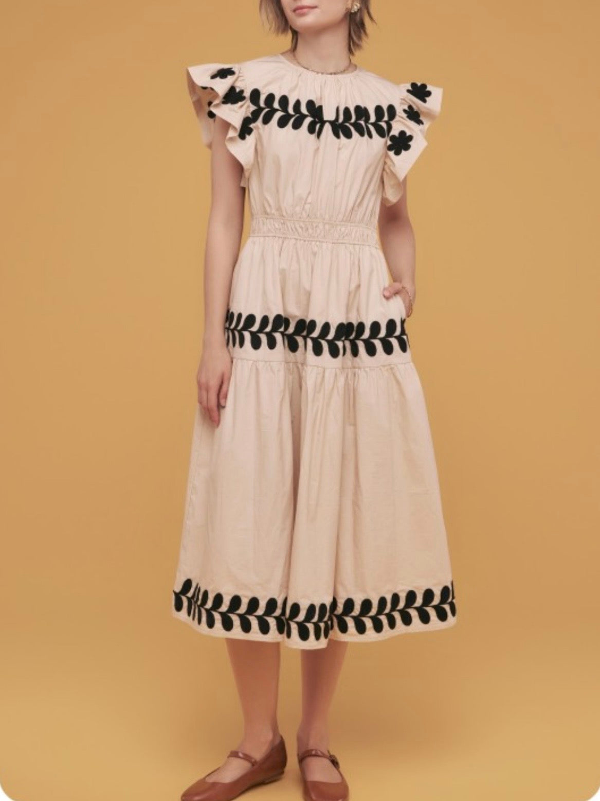 Beige and black floral embroidered midi dress