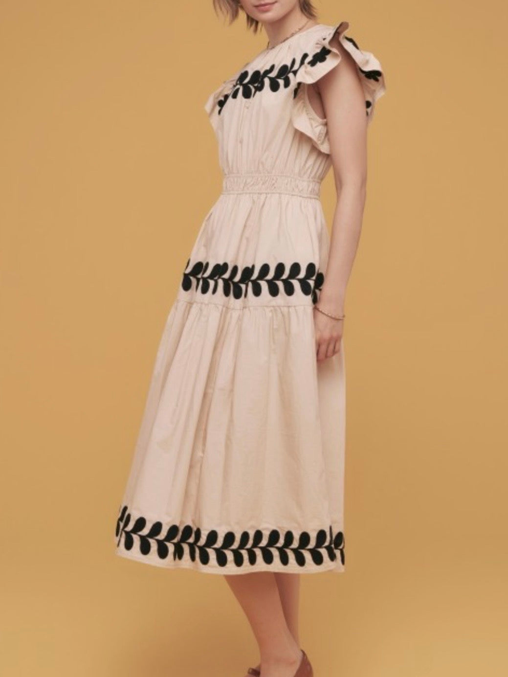 Beige and black floral embroidered midi dress