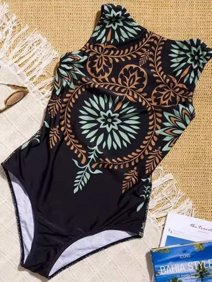 Dark gray bohemian print one piece swimsuit