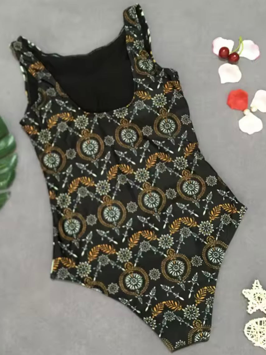 Dark gray bohemian print one piece swimsuit