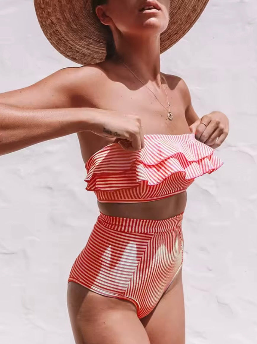 Striped colored strapless ruffles bikini