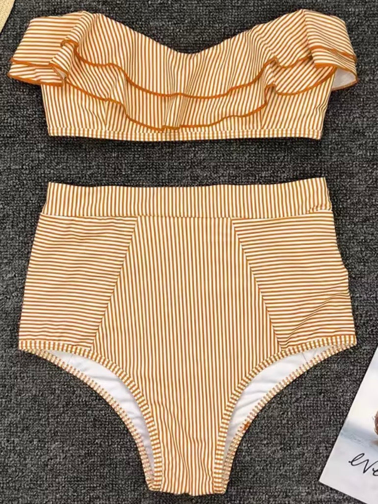 Striped colored strapless ruffles bikini