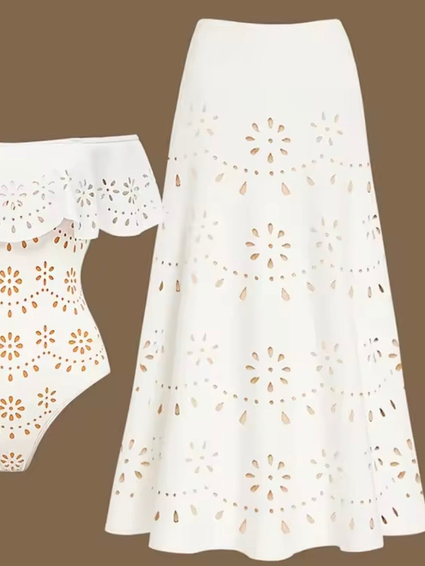 Beige natural cutout fabric set of 2, one piece strapless swimsuit and maxi skirt