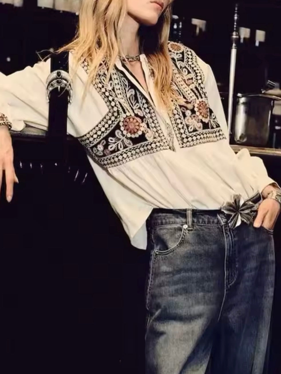 Black / White embroidered boho top blouse