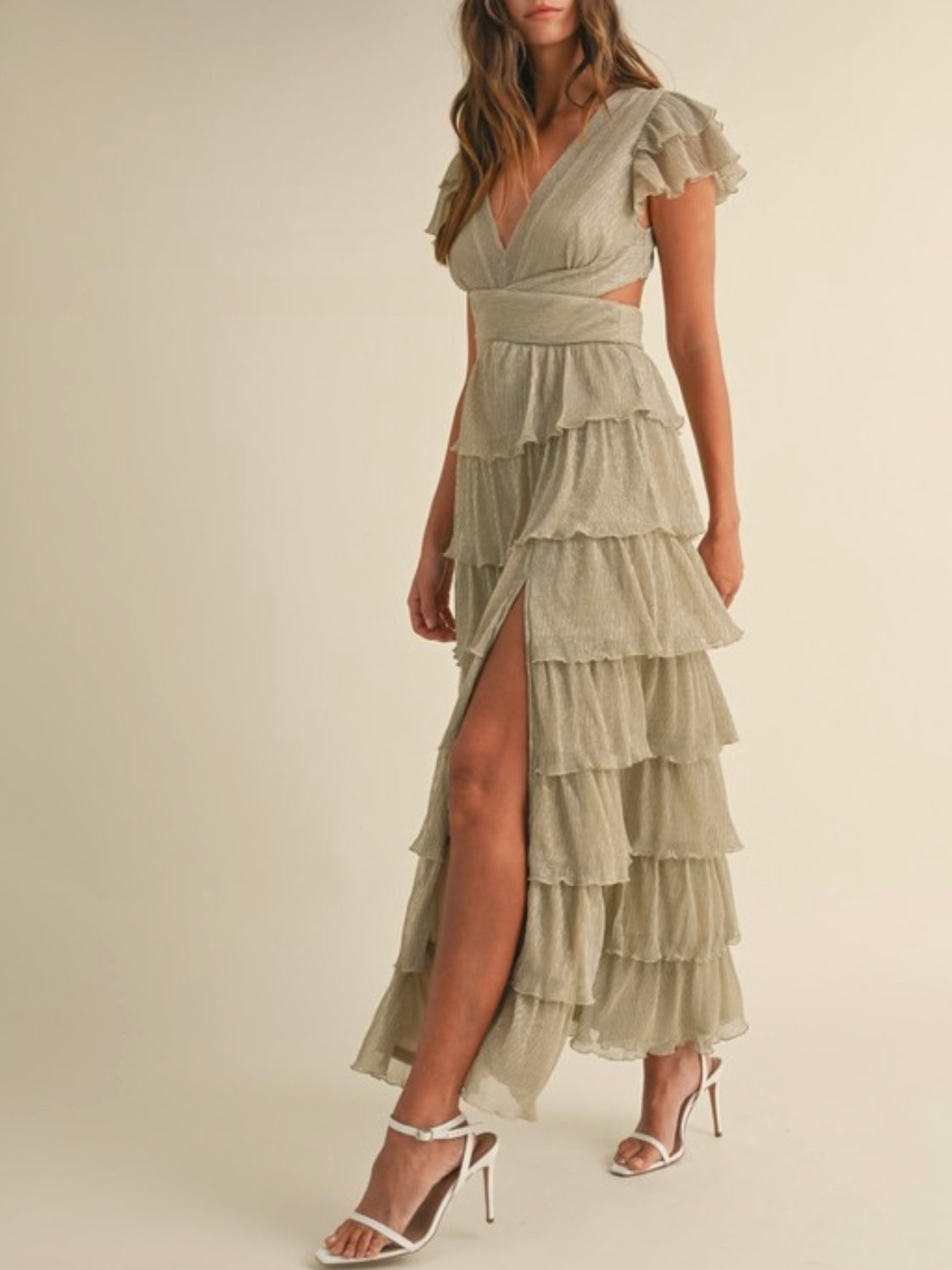 Beige Champagne ruffle layered midi dress