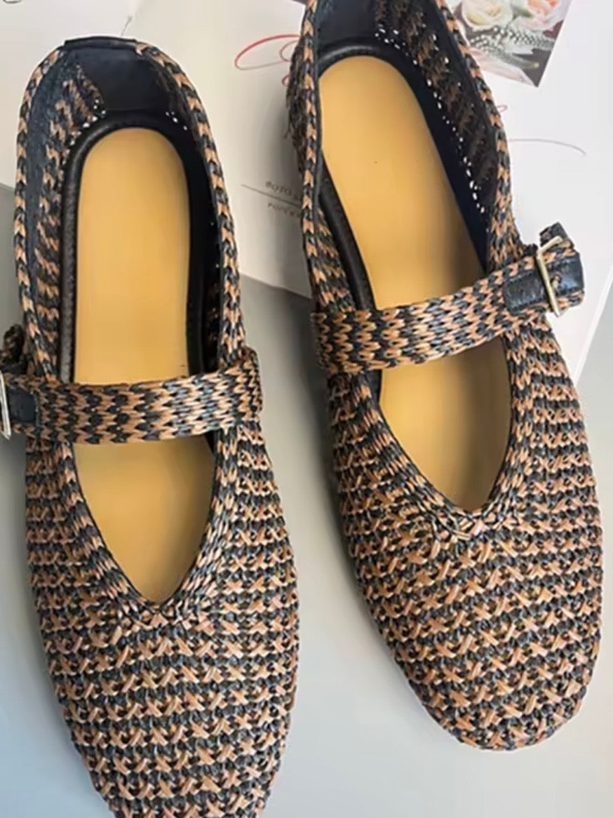 Natural/ Beige / Brown ballet net straw flats shoes