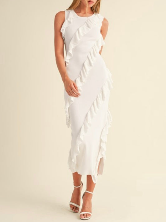 White ruffle layered midi dress