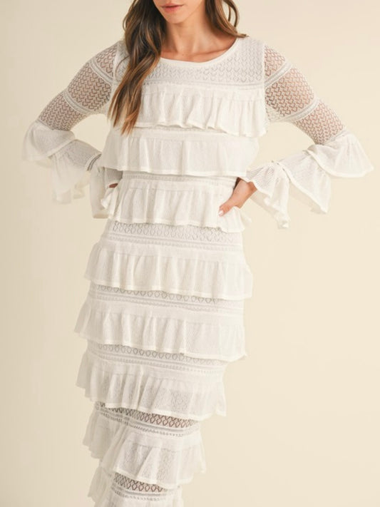 White ruffle long sleeves tube layered midi dress