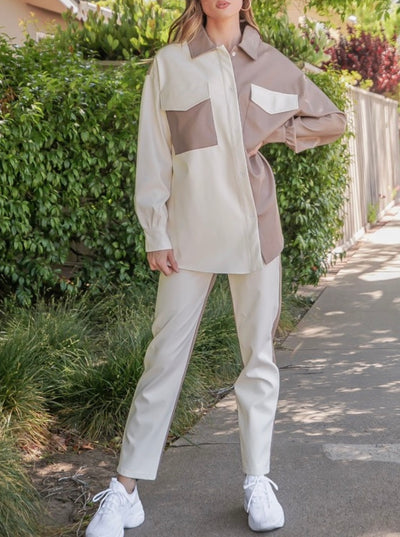 Off white and coffee faux leather pants