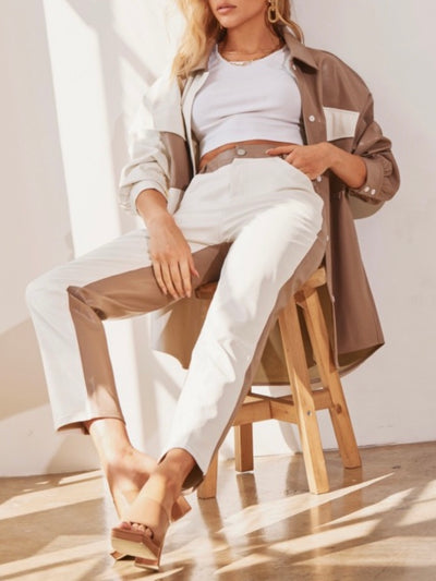 Off white and coffee faux leather pants