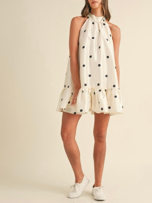 Off white and black dots layered a-line short dress